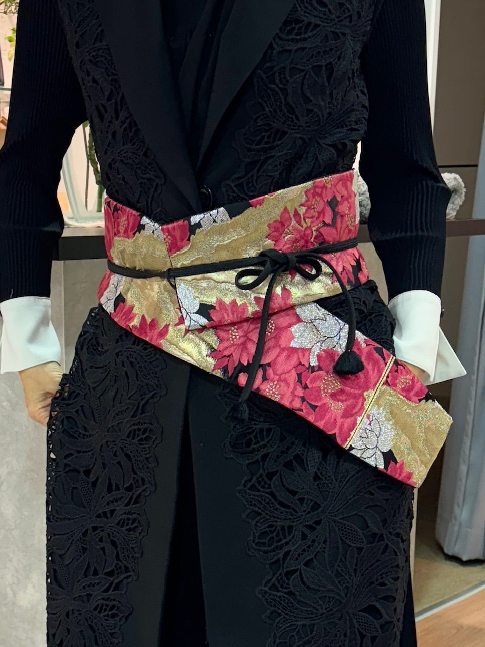 Yui Kimono Belt (Obi)—BLACK RED