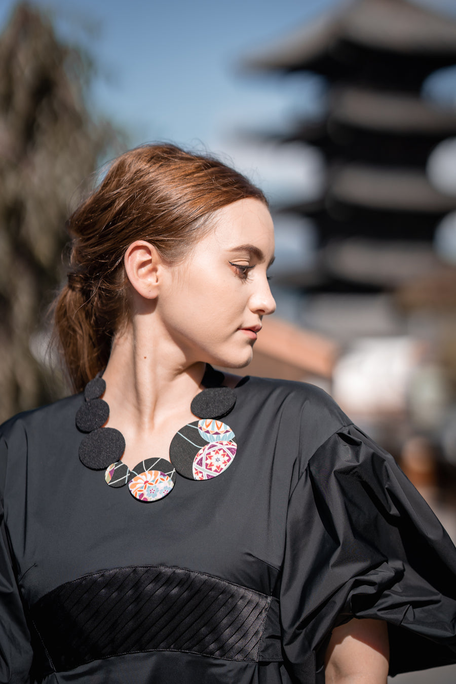 Kimono Fabric Circles Necklace—Cotton—BLACK