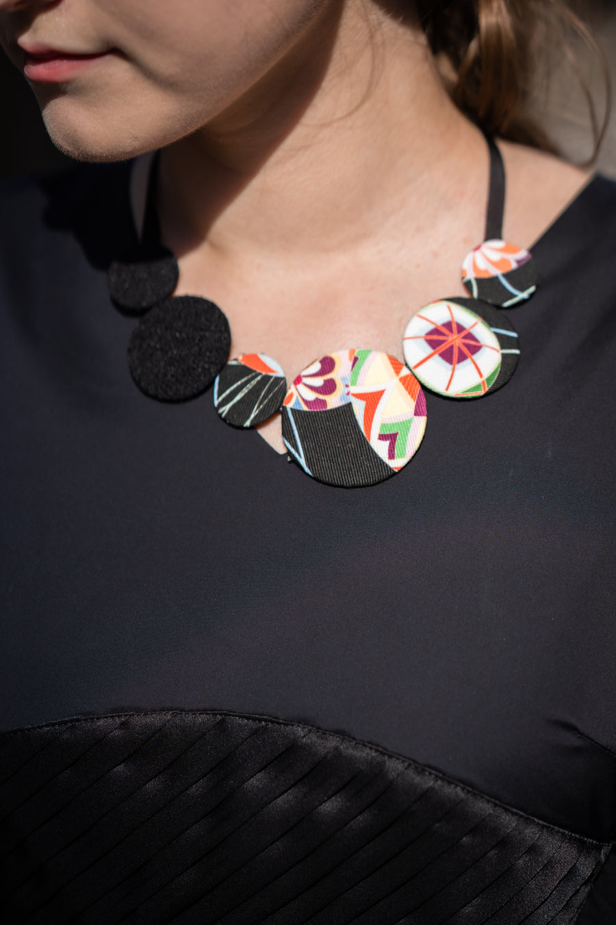 Kimono Fabric Circles Necklace—Cotton—BLACK