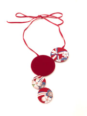Kimono Fabric Circles Necklace—Sakura—RED