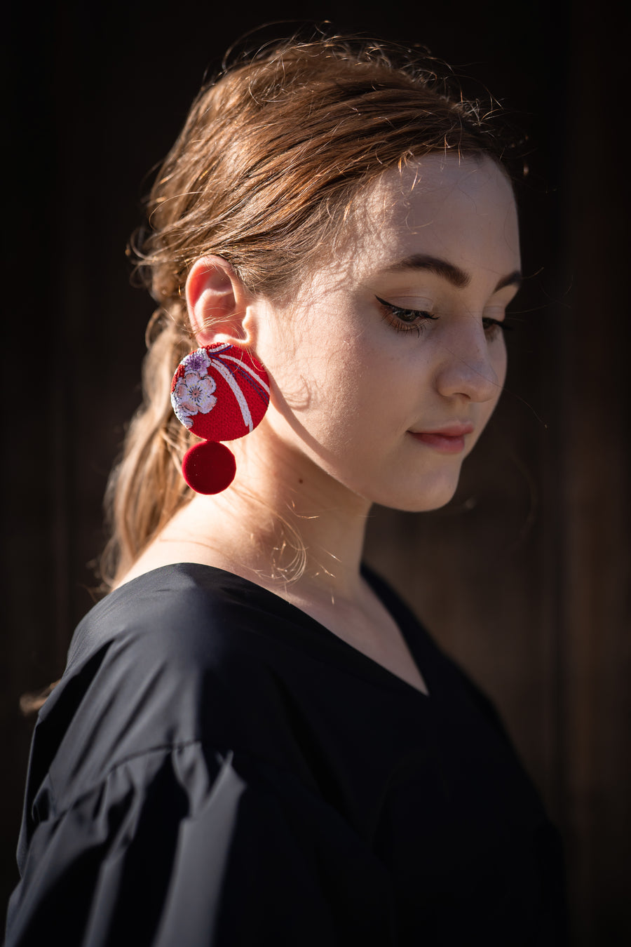 Kimono Fabric Earrings—SAKURA PATTERN—RED