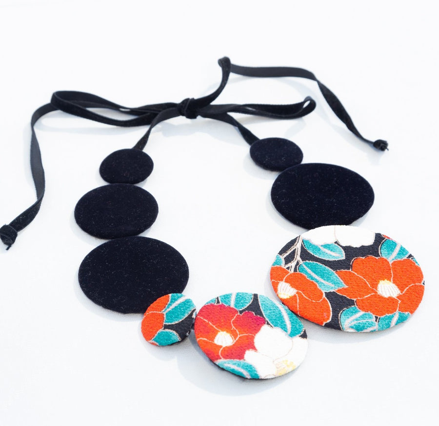 Kimono Fabric Circles Necklace—TSUBAKI PATTERN