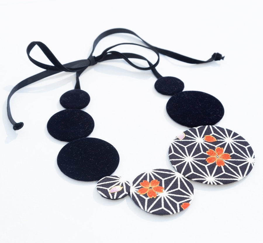 Kimono Fabric Circles Necklace—ASANOHA PATTERN—BLACK & ORANGE