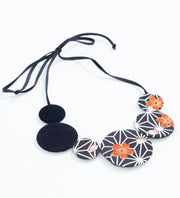Kimono Fabric Circles Necklace—ASANOHA PATTERN—BLACK & ORANGE