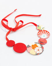 Kimono Fabric Circles Necklace—Cotton—RED