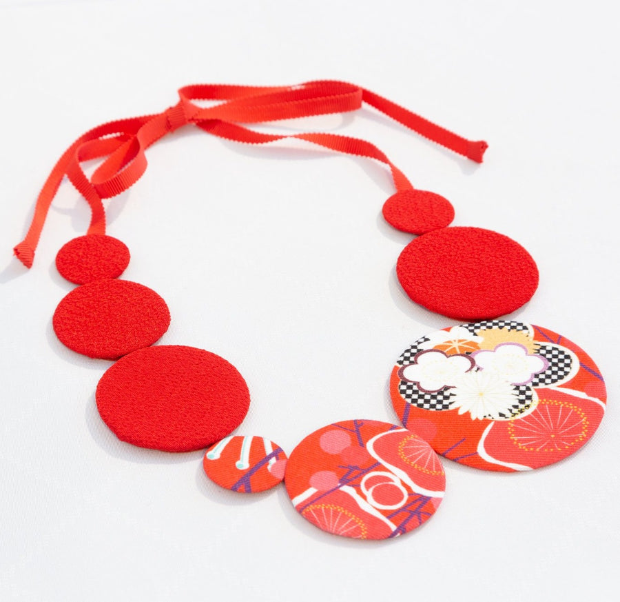 Kimono Fabric Circles Necklace—Cotton—RED