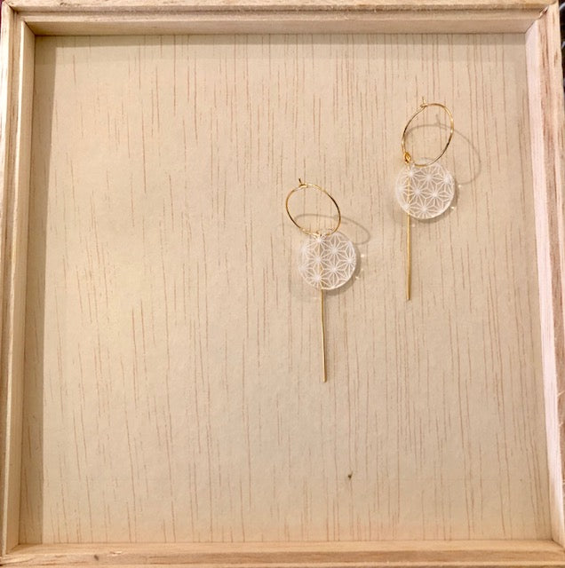 Long Ear Pin Brass Earrings—ASANOHA PATTERN—WHITE