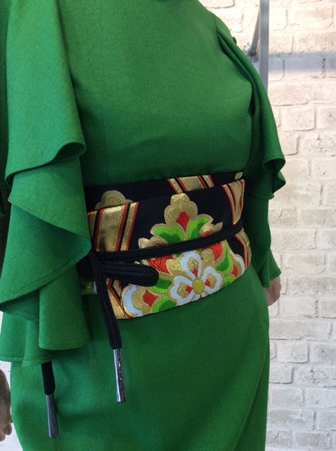 Yui Kimono Belt (Obi)—BLACK & GREEN