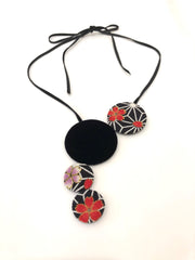 Kimono Fabric Circles Necklace—ASANOHA PATTERN—BLACK & RED