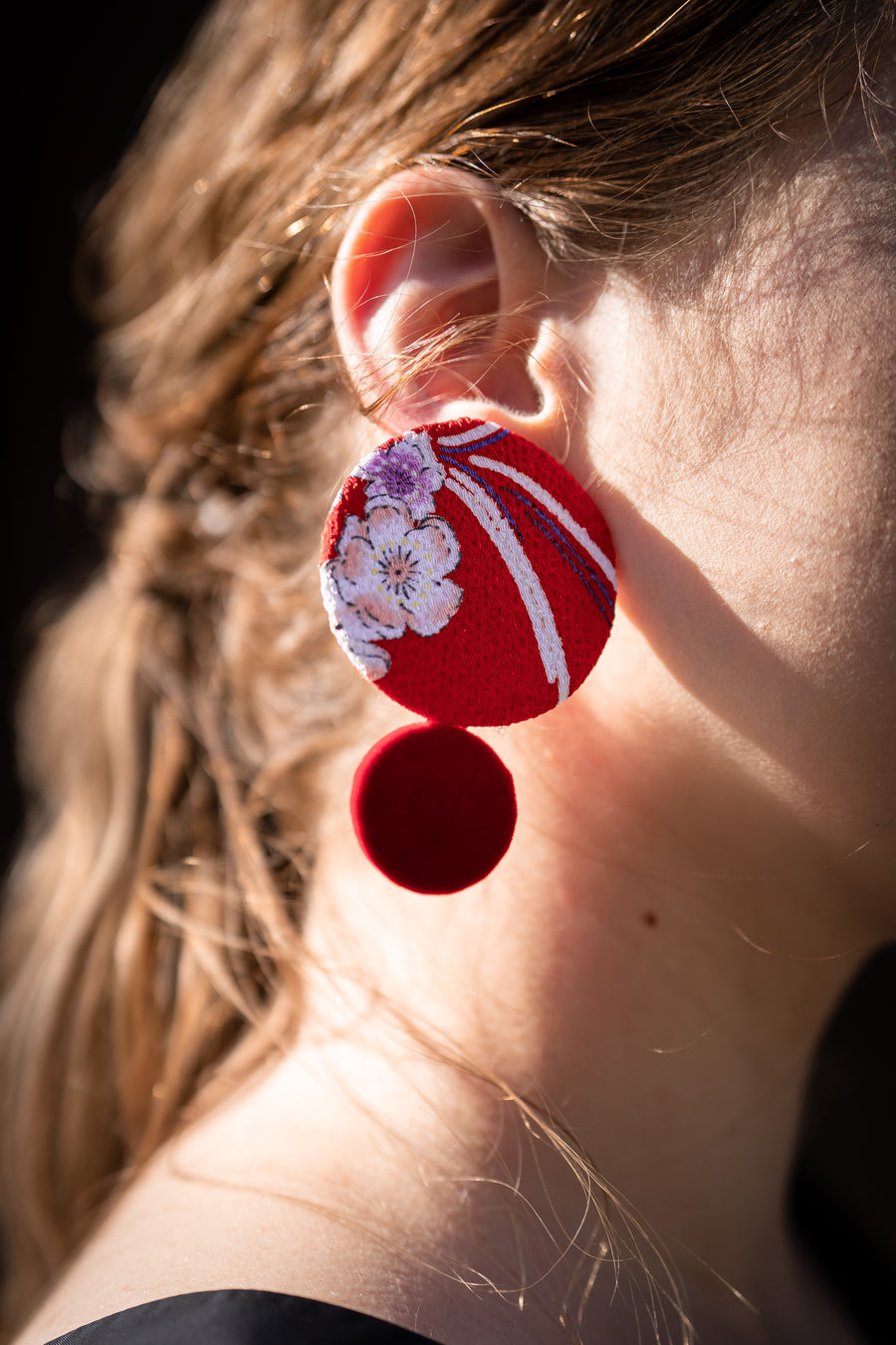 Kimono Fabric Earrings—SAKURA PATTERN—RED